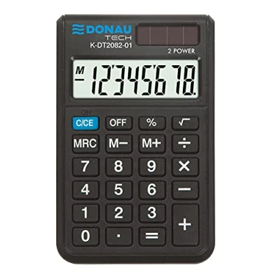 Afbeelding van DONAU TECH/K DT2082 01 8 cijferige rekenmachine wortelfunctie 97 x 60 11 mm Kleur: zwart met cijferig display Dubbele zonne voeding werkt op batterijen Compact ontwerp