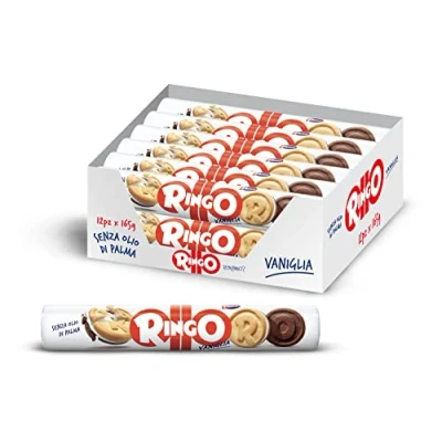 Afbeelding van Pavesi snack Ringo Vanille 12 x 165 g koekjes met vanillesmaak, voor snacks of pauze, tube