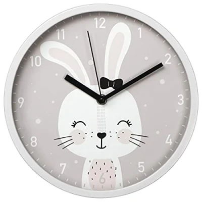 Afbeelding van Hama kinderwandklok &quot;Lovely Bunny&quot; zonder tikken (ronde kwartsklok voor kinderen met konijnenmotief, werkt op batterijen secondewijzer kinderkamer, ideaal als leerhorloge, diameter 25 cm) wit