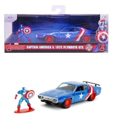 Afbeelding van Jada Toys Marvel Captain America 1971 Plymouth GTX met figuur, modelauto metaal 1:32, open deuren, 13,5 cm, voor fans en kinderen vanaf 8 jaar