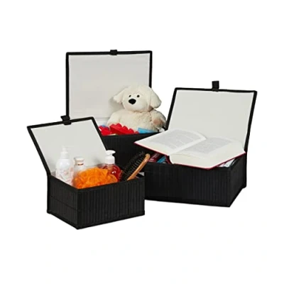 Afbeelding van Relaxdays 10024308_46 opbergmand met deksel, set van 3 manden, organizer, decoratie, zwart, 13 x 25 19 cm