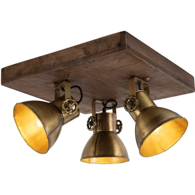 Afbeelding van QAZQA Plafondlamp brons met hout 3 lichts Mangoes