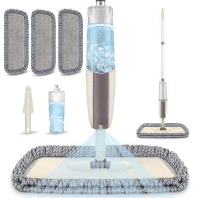 Afbeelding van MEXERRIS Microvezelmop met sproeikop voor vloerreiniging, laminaatvloeren, houten tegels, natte stofbezem 3 herbruikbare pads, 1 fles
