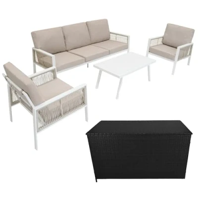 Afbeelding van Tuinmeubel Set 4 delig Wit Aluminium met Rotan Opbergbox Zwart Buiten 3 Zits Zitbank 2 Fauteuils Salontafel Kussens 582L Kist Gasveren Hefmechanisme Draagbaar Waterdichte Regenhoes