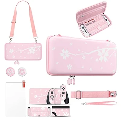 Afbeelding van Mytrix draagtas compatibel met Nintendo Switch/OLED/Lite console, accessoires en games, reisetui, draagbare harde opbergtas vakken, Hoesje beschermkit, Sakura voor Switch