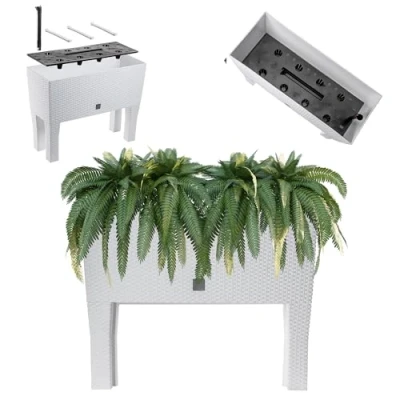 Afbeelding van KADAX Bloempot op standaard, verhoogd bloembed van kunststof in 2 maten, rotanlook, plantenbak voor tuin, balkon, terras, plantenbak, kruidenbed (60 cm/wit)
