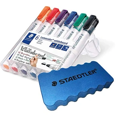 Afbeelding van Staedtler Lumocolor 351 WP6 whiteboard marker, ronde punt ca. 2 mm lijnbreedte, set met 6 kleuren (1 etui + whiteboardspons)