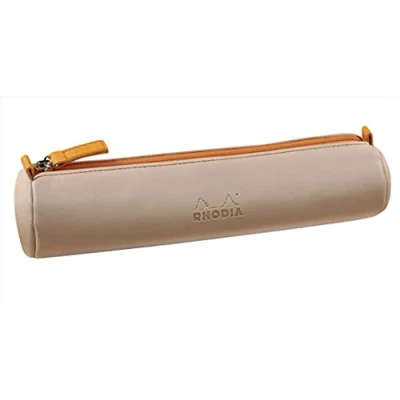 Afbeelding van RHODIA 319003C ronde etui met roze touch 21,5 x 5,5 cm echte naden oranje binnenkant jersey ivoor kunstleer opslag van pennen, potloden, viltstiften, kleine benodigdheden