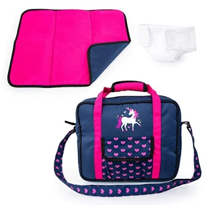Image de Bayer Design 69254AC Sac à langer pour poupon, accessoires poupée, avec matelas langer, couche, moderne, bleu, rose des cœurs et une licorne