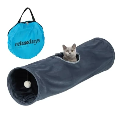Afbeelding van Relaxdays kattentunnel opvouwbaar 88 x 25 cm pluche speeltunnel katten zacht grijs