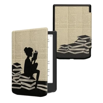 Afbeelding van kwmobile E reader hoesje geschikt voor Pocketbook Verse / Pro Color Vivlio Light HD hoes flip case met magnetische sluiting Ereader cover Meisje boeken design in zwart beige