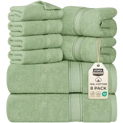 Image de Utopia Towels Lot de 8 serviettes bain, 2 essuie mains et 4 débarbouillettes, 100% coton (vert sauge)