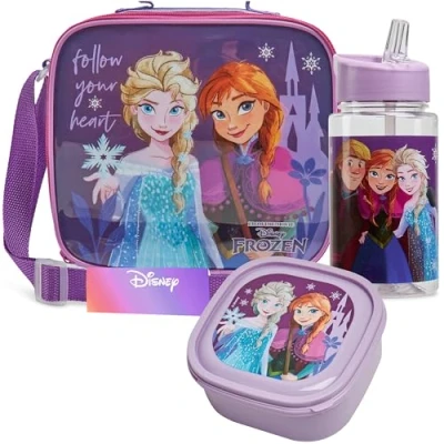 Afbeelding van Get Trend Disney Frozen Lunchset voor kinderen, 3 delig, koeltas met riem, broodtrommel, drinkfles rietje, 400 ml, BPA vrij, school, picknick (Frozen)