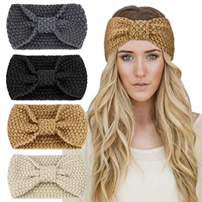 Afbeelding van DRESHOW 4 Stuks Vrouwen Haarband Winter Hoofdband Gebreid Verwarmende Oorband Geknoopt Elastische