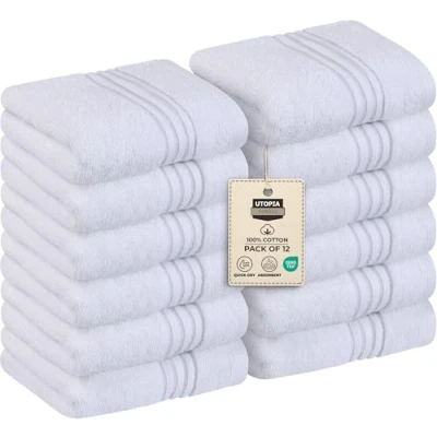 Afbeelding van Utopia Towels 12 sets washandjes (30 x 30 cm) 100% katoen, sterk absorberend en zacht aanpassende wasjes voor badkamer, spa, sportschool gezichtshanddoek (Wit)