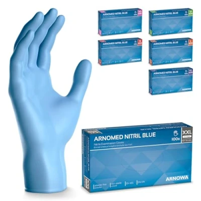 Afbeelding van Arnomed nitril handschoenen, blauwe 100 stuks/doos, poedervrije en latexvrije wegwerphandschoenen, in maten S, M, L XL