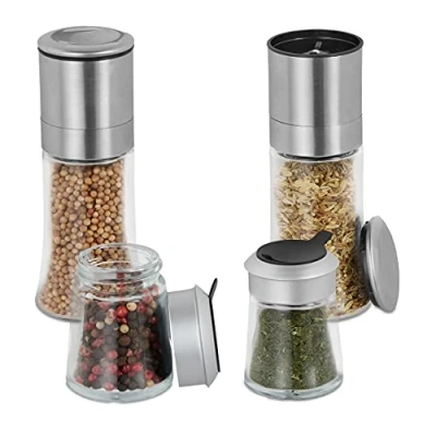 Afbeelding van Relaxdays kruidenstrooier set van 4 kruidenmolen kruidenpotje pepermolen glas rvs