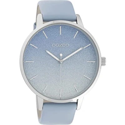 Afbeelding van Oozoo Groot dameshorloge met leren band en 5 minuten lijnindex op de wijzerplaat een diameter van 48 mm in verschillende varianten, zilver/lichtblauw, armband