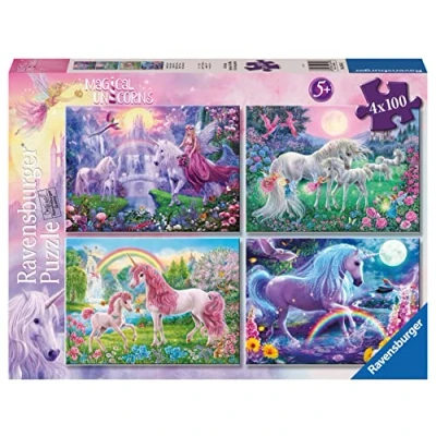 Afbeelding van Ravensburger Magische eenhoorn puzzel, Bumper Pack 4 x 100, puzzels met elk 100 stukjes, aanbevolen leeftijd 5 jaar