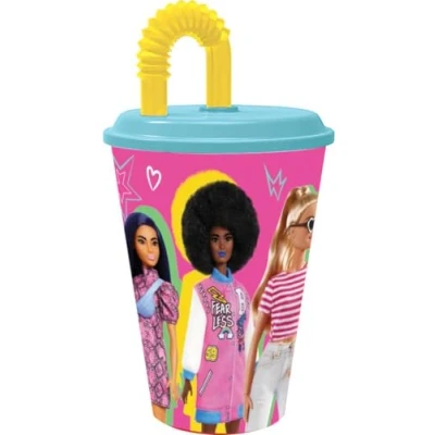Afbeelding van Barbie 430 ml roze blauw glas voor meisjes kunststof met rietje en flexibel deksel
