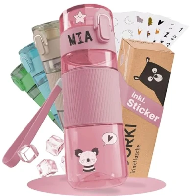 Afbeelding van BJORKI Lekvrije drinkfles voor kinderen, 350 ml, met bonus naamsticker, kleine kleuterschool, geschikt koolzuurhoudende dranken en vaatwasmachinebestendig, robuuste waterfles
