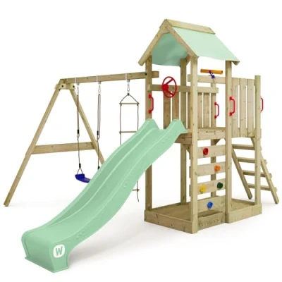Afbeelding van WICKEY speeltoestel klimtoestel MultiFlyer met schommel en pastelgroene glijbaan, outdoor kinderspeeltoestel zandbak, ladder &amp; speelaccessoires voor de tuin