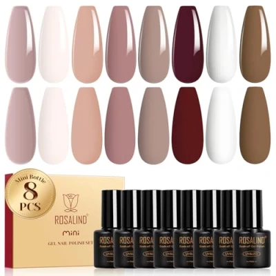Afbeelding van ROSALIND UV nagellak, bruin, 8 kleuren, nude, bruin en wit, Shellac, soak off, UV, LED, geschenkdoos