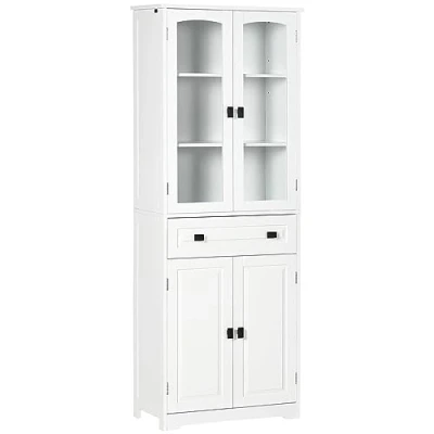 Afbeelding van HOMCOM Keukenkast, dressoir, hoog, 4 deuren, waarvan 2 glazen deuren en 1 lade, hoogte 160 cm, met legplanken, hout, wit