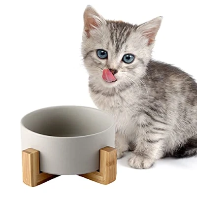 Afbeelding van SPUNKYJUNKY Voer , en drinkbak van keramiek met standaard bamboe voor katten honden (400 ml, grijs 1)