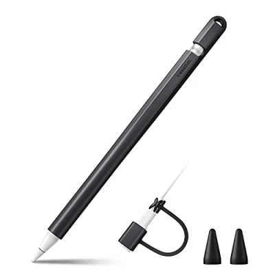 Afbeelding van Fintie Siliconen Hoes Compatibel met Apple Pencil (1e Generatie) Ultra lichte Pennenzak, zachte beschermende handgreep houder 2 Puntafdekking en 1 Kabel Adapter Tether, Zwart