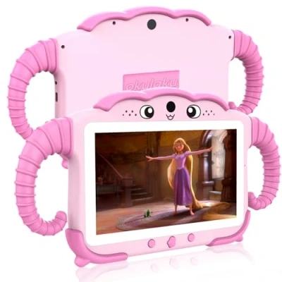 Afbeelding van Kindertablet 7 inch voor kinderen vanaf 3 tot 14 jaar, met 2 GB + 32 hoes, kinderbeveiliging, GMS gecertificeerd en dubbele camera, Google Play Store, meisjes jongens, roze