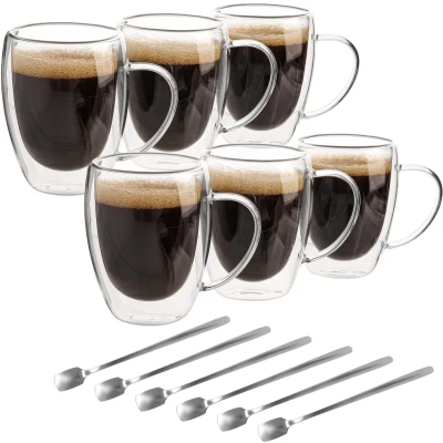 Afbeelding van Belle Vous 6 Pak Dubbel Wand Glazen Koffiemokken 350 ml Kopjes met Handvatten Geïsoleerde Hittebestendige Borosilicaat Drankbekers voor Thee, Koffie, Cappuccino &amp; Lattes