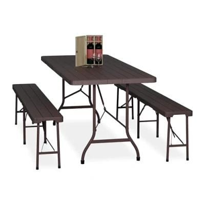 Afbeelding van Relaxdays biertafel set bierbank inklapbaar klaptafel kunststof 3 delige bruin