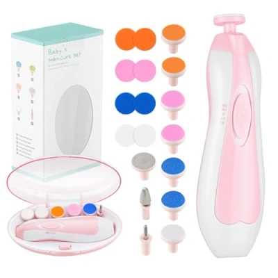 Afbeelding van Zooawa Elektrische babynagelvijl, 20 in 1 nagelverzorgingsset met 10 slijpkoppen, nageltrimmerset ledlicht voor pasgeborenen, kinderen en volwassenen, manicure, pedicure, lichtroze