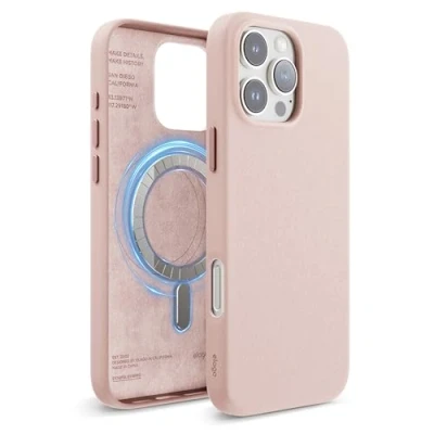 Afbeelding van elago iPhone Pro Max 6,9 inch magnetische lederen beschermhoes, compatibel met alle MagSafe accessoires, ingebouwde magneten, veganistisch leer, schokbestendig, waterdicht, schattig roze