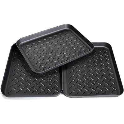 Afbeelding van PIQIUQIU Set van 3 schoenenbakken, kunststof, multifunctionele schoenenhouder, verhoogde rand, stapelbaar, 35 x 27 cm, zwart, lekbak voor bloempot, bak, regenlaarzen