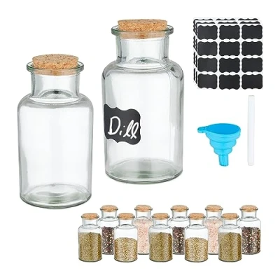 Afbeelding van Relaxdays set van 12 kruidenpotjes kurken deksel 250 ml glazen potjes met etiket