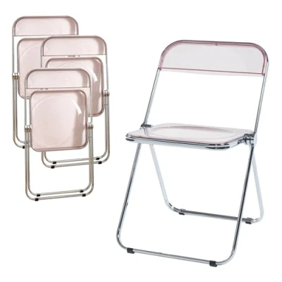 Afbeelding van [en.casa] set van 4 klapstoelen, eetkamerstoelen, stoelen, voor gasten, keuken, kantoor, staal, verchroomd, polycarbonaat, 74 x 46 47 cm, roze, transparant