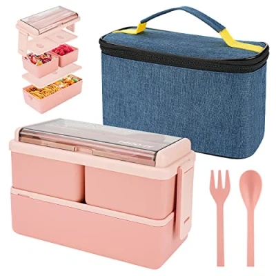 Afbeelding van lunchbox 1400 ml met 3 vakken, waterdichte bento box koeltas en bestek, voor volwassenen, kinderen, studenten, kantoor, magnetron, vaatwasser (roze)