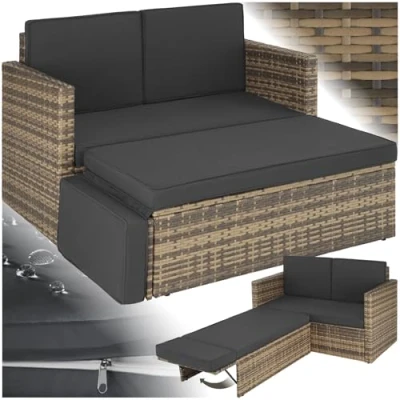 Afbeelding van tectake® wicker loungesofa tuinstoel ligbed bankstel 2 zits fauteuil met kruk en slaapfunctie, kleine bank als buitentuinmeubel, voor lounge, balkon tuin, opvouwbaar kussens natuur poly rattan