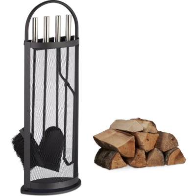Afbeelding van Relaxdays haardset zwart haardstel modern design compact open haard gereedschap