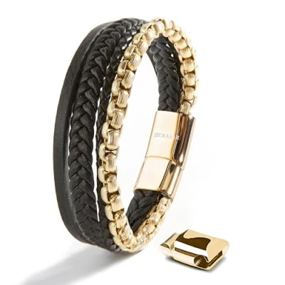 Afbeelding van SERASAR Hoogwaardige armband van echt leer voor heren [Hero] in zwart, magneetsluiting roestvrij staal, zilver en goud, inclusief sieradendoosje, leuk cadeau idee, Leer, Geen edelsteen