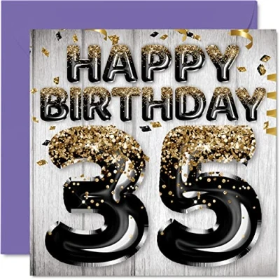 Image de Stuff4 Carte d&#039;anniversaire 35 ans pour homme Ballons noirs et dorés à paillettes Cartes homme, ami, frère, papa, oncle, 145 mm x
