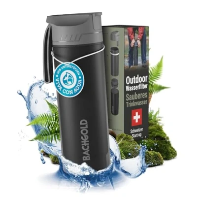 Afbeelding van BACHGOLD Outdoor Waterfilter Fles met 1500L Filtercapaciteit Verwijdert 99,99% Bacteriën, Virussen en Zware Metalen Drinkfles Survival Waterfilterfles Water Filter Noodpakket (Zwart XL, 500 ml)