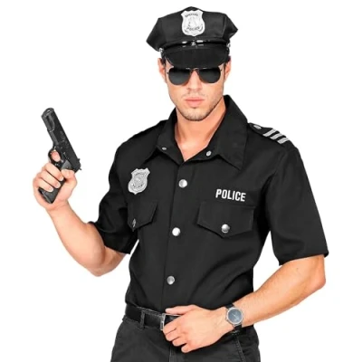 Afbeelding van Widmann Politie &amp; Detective Kostuum Uniform Shirt Agent Man Zwart Small / Medium Carnavalskleding Verkleedkleding