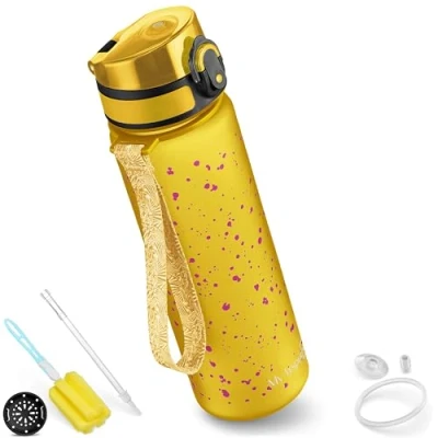 Afbeelding van My Vesperbox Minny Drinkfles voor kinderen, lekvrij, 350 ml, 500 750 met rietje of zeef, lichte Tritan waterfles, BPA vrij, kleuterschool, school (500 oranje vlekken)