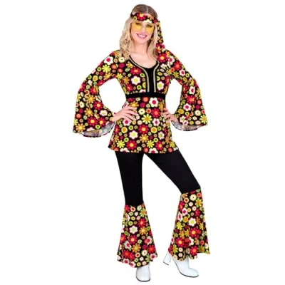 Afbeelding van Widmann Hippie Kostuum Bloemen Jaren 60 Style Vrouw Zwart Medium Carnavalskleding Verkleedkleding