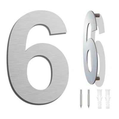 Afbeelding van Modern huisnummer 152 mm hoog, gemaakt van geborsteld 304 roestvrij staal, zwevende look en eenvoudig te installeren (nummer 6 Six)