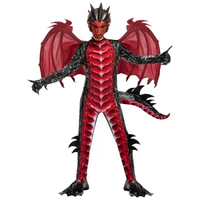 Afbeelding van Spooktacular Creations Zwarte en rode drakenpak voor jongens (medium (8 10 jaar))