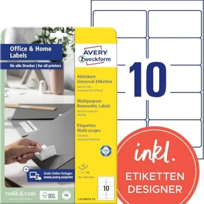 Afbeelding van AVERY Zweckform L4744REV 10 universele zelfklevende etiketten 96 x 50,8 mm op A4 formaat, verwijderbaar/verwijderbaar zonder resten achter te laten, afzonderlijk bedrukbaar, vellen, wit
